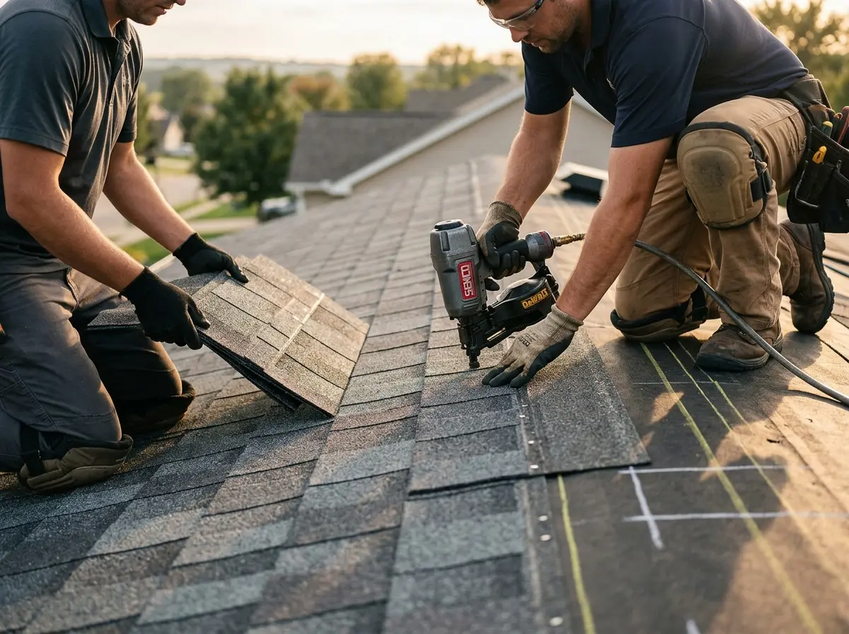 Professional roofer working on a residential roof in Groton